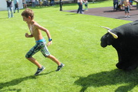 Toro lanzando agua a un niño que corre delante